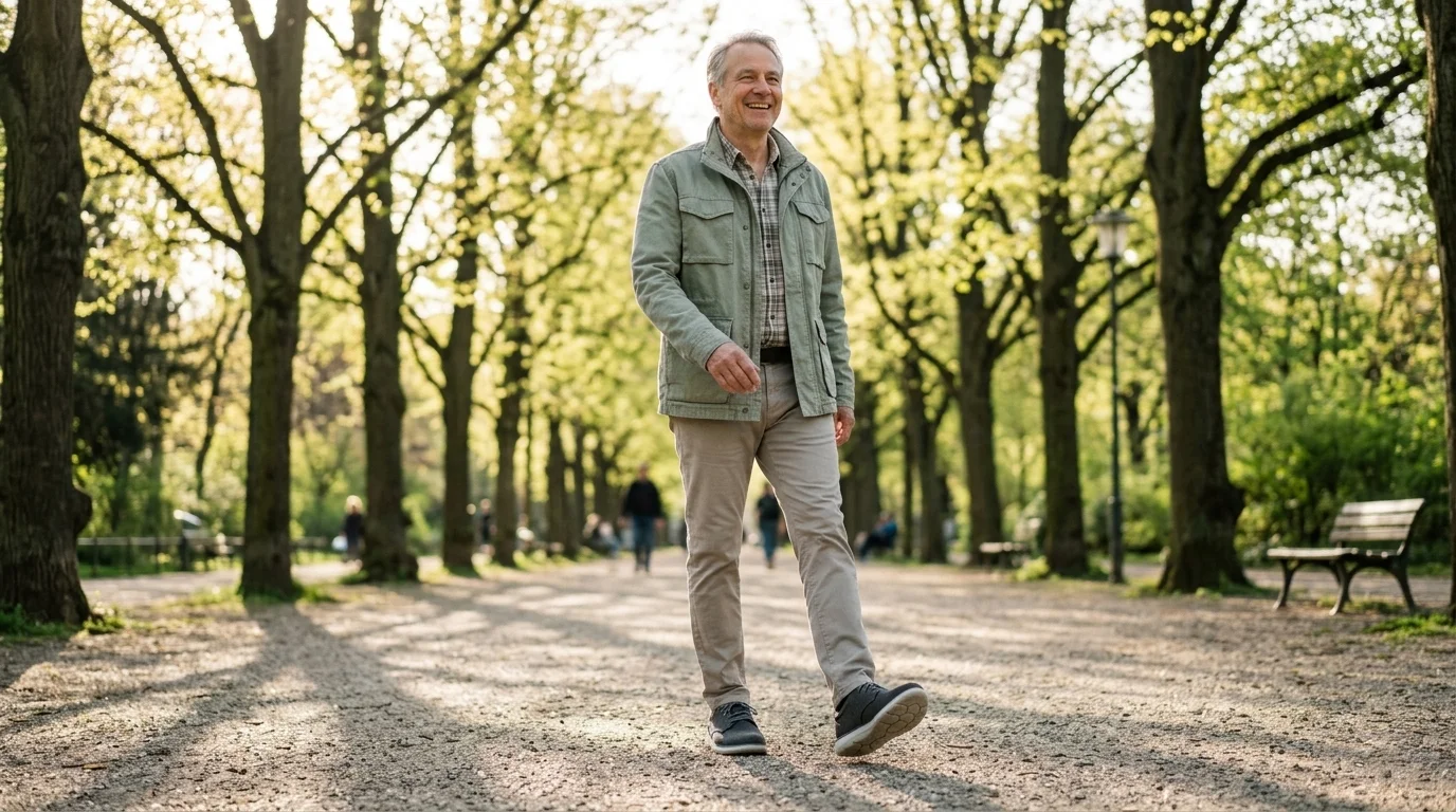 Senior tr&auml;gt bequeme Steigofix Schuhe bei einem Spaziergang